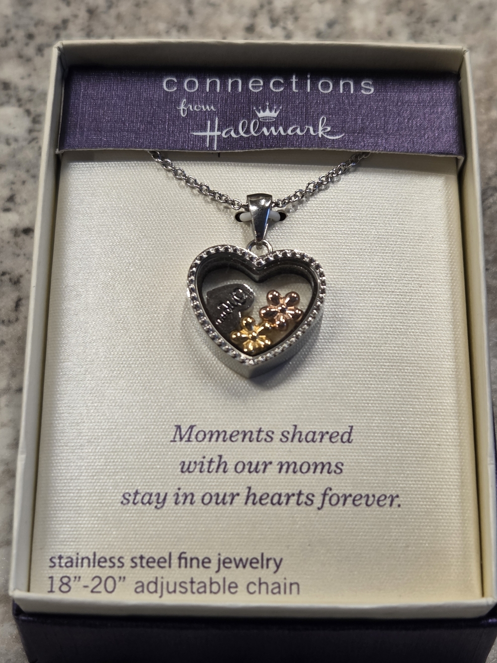 Hallmark Silver Heart Pendant Necklace with Rose and Gold Accents